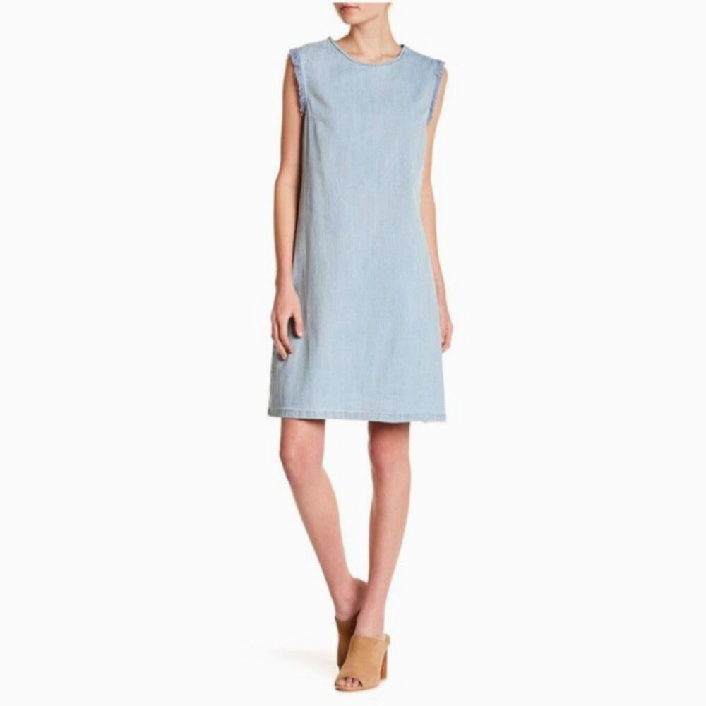 HOPE & HARLOW Frayed Trim Chambray Denim Shift Dress Women's 2 Light Wash Blue
